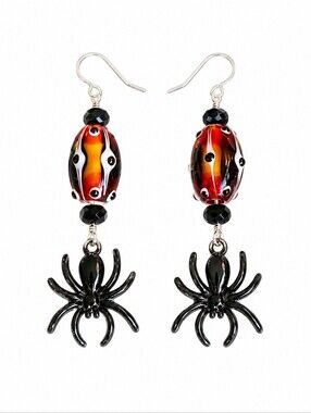 HANDMADE Halloween Lampwork Glass Beaded Spider Dangle Hook Earrings